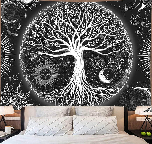 FORATER Tree of Life Tapestry Wall Hanging, Sun and Moon Aesthetic Wall Tapestry Black and White Tapestries Home Decor for Living Room Bedroom(61 x 82 Inch, Black and White)