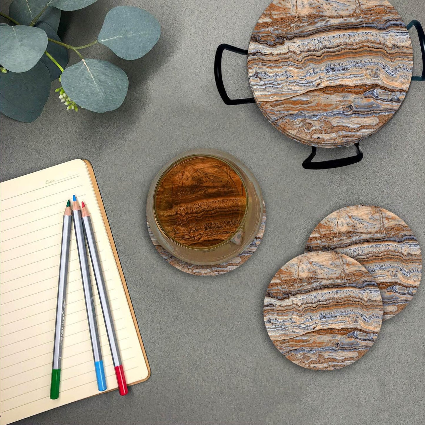 Emerson Coasters for Drinks Absorbent – Natural Stone Drink Coasters Set with Holder, Coasters for Coffee Table, Wooden Tabletop Protection Marble Style – 100% Heavy Duty Set of 6 (Terra)