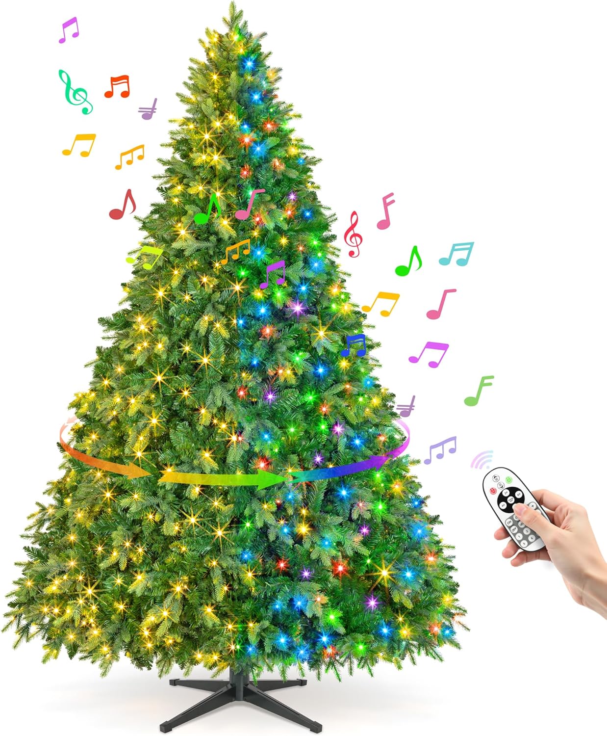7.5FT Pre-Lit Christmas Tree with Remote Control, Multi-Color LED Lights, Musical Rotating Christmas Tree Stand, Easy Assembly in 3 Sections, Foldable Metal Stand for Home Holiday Decor
