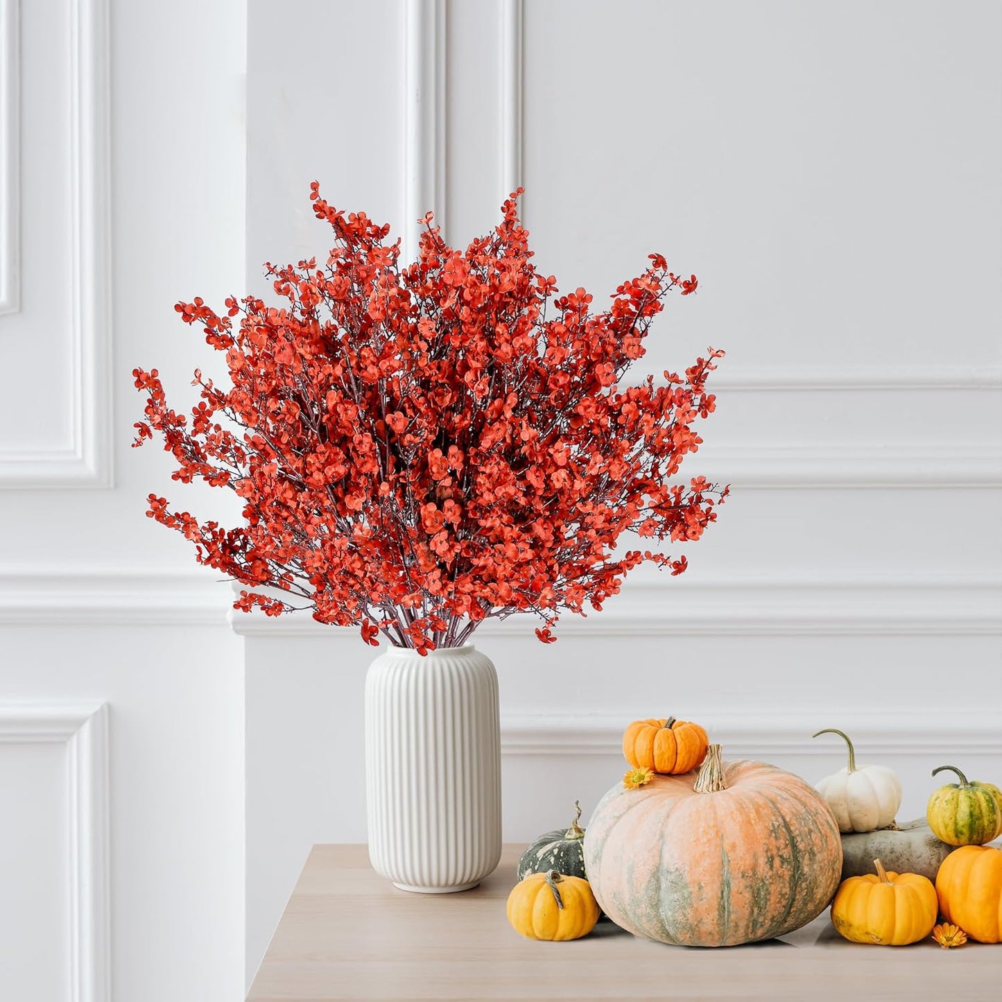 Sggvecsy 15 Pcs Babys Breath Artificial Flowers Gypsophila Bouquets Bulk Real Touch Fake Silk Flowers for Home DIY Floral Arrangement Table Centerpiece Fall Thanksgiving Autumn Decoration (Orange Red)