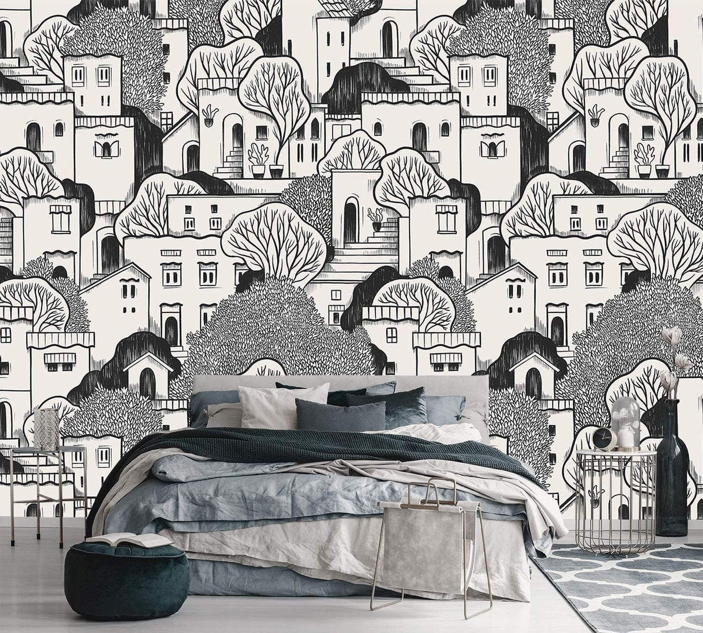 AFZEVEB-Black House with Trees Nursery Wallpaper murals for Bedroom 136"x96" (Not Peel and Stick)