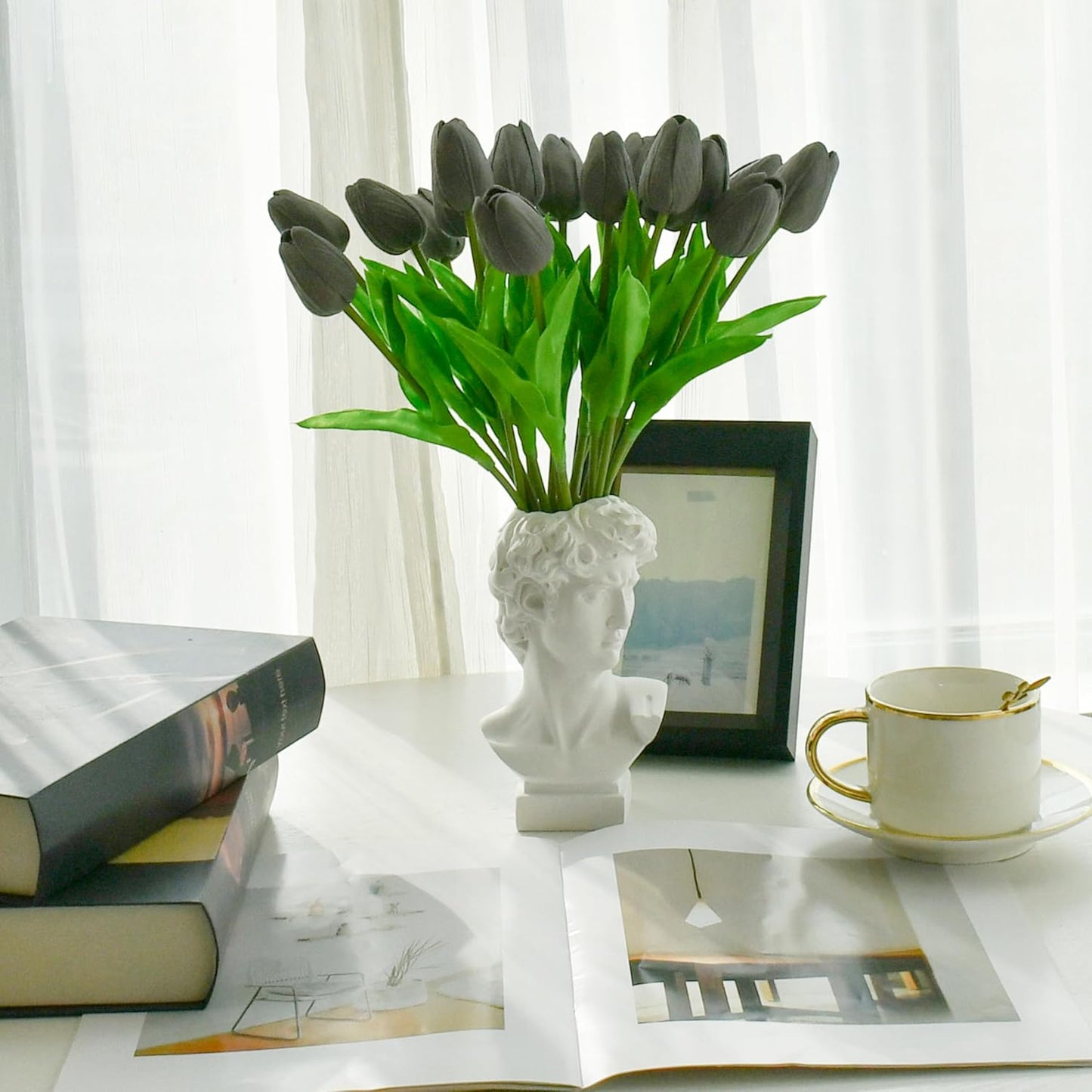 Mandy's Artificial Tulips 20 Stems Dark Grey PU Faux Flowers for Wedding Home Decor 13.5 Inch