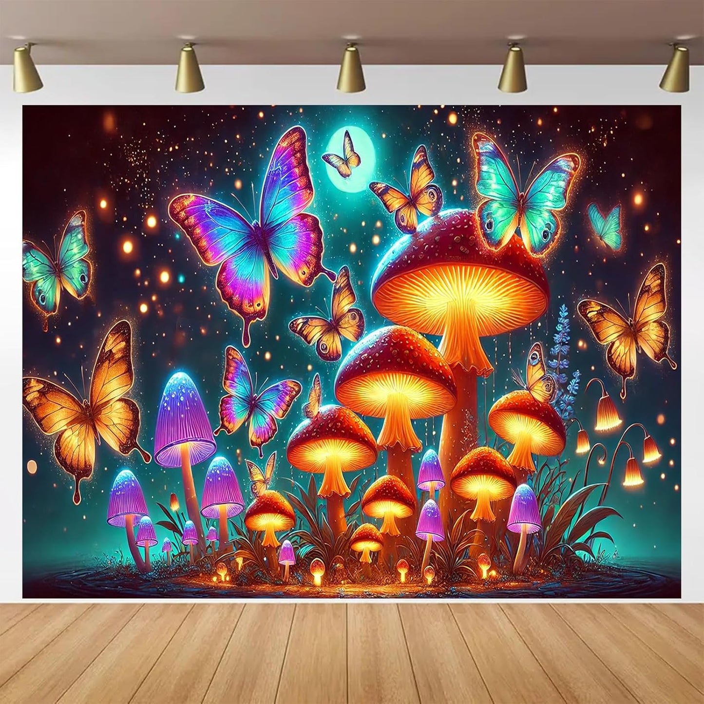 BlissYard Glowing Butterflies Mushroom Forest UV Black Light Tapestry 78x59 Inches Art Color Neon Light Background Bedroom Living Room Wall Party Decoration Fantasy Fungi Insect Magic Garden Scene