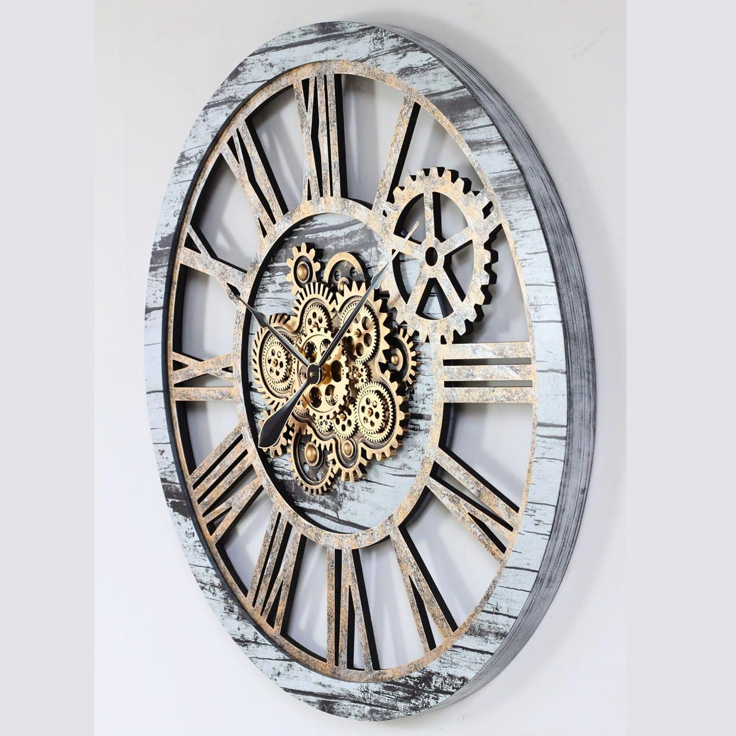 The Gears Clock 36'' Inch Real Moving Gear Wall Clock Vintage Industrial Oversized Rustic Farmhouse (Vintage Grey and White)
