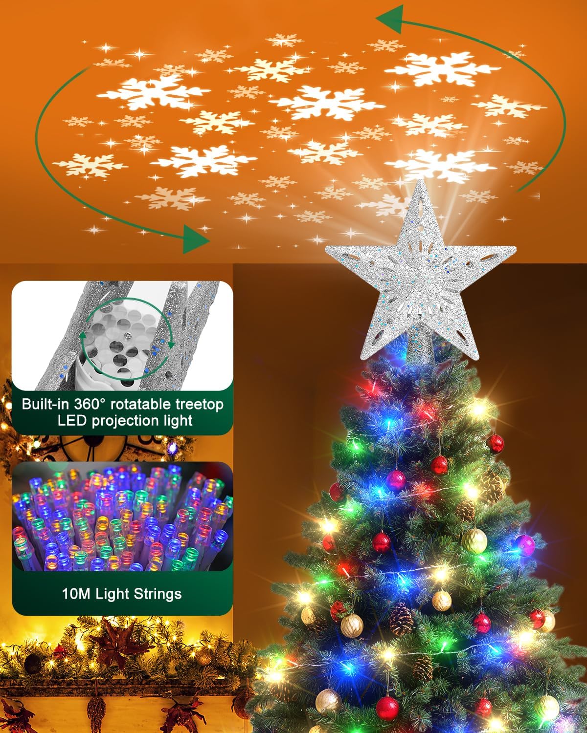 Kesfitt Christmas Tree Topper with 10M Colorful Light Cord, Tree Top Star Decoration with 6 Projection Modes, Silver Tree Topper Lighted 3D Glitter Dynamic Projection for Xmas Party Holiday