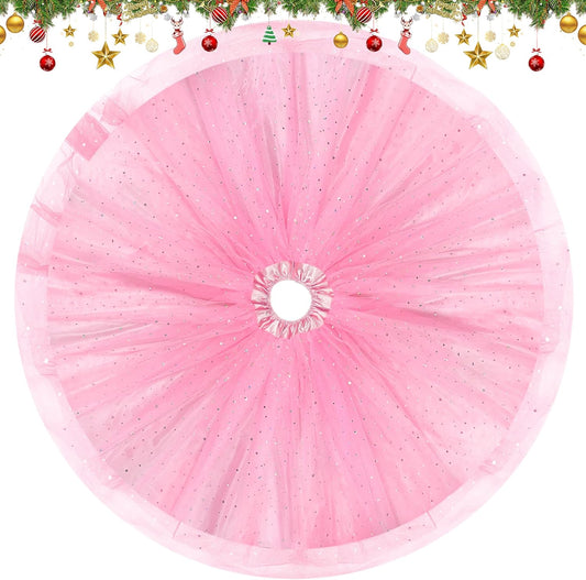 Christmas Wedding Tree Skirt,45 inch 4-Layer Fluffy Romantic Pleated Sparkly Skirt Decoration Xmas Tree Ornament for Holiday and Party(Pink)