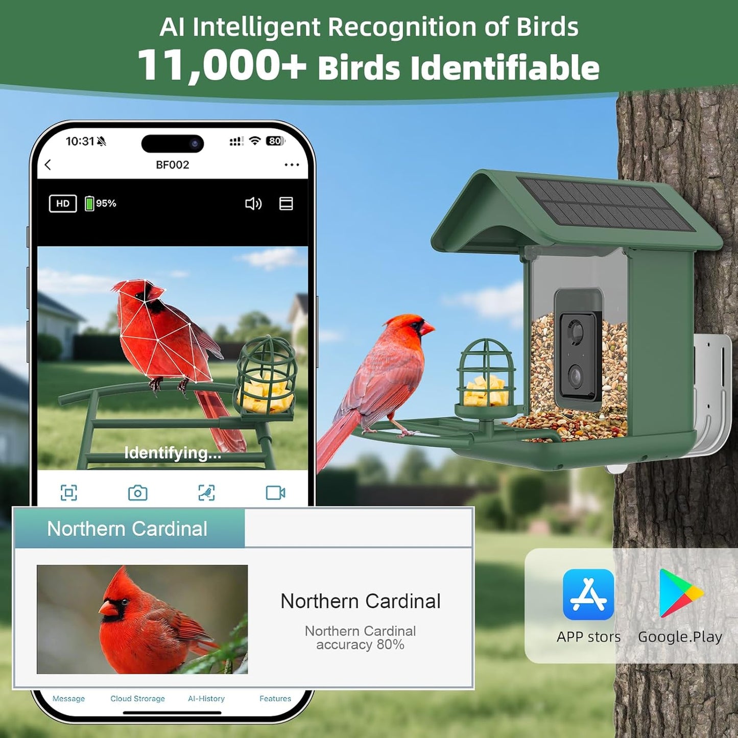 Smart Bird Feeder with Camera, AI Species Identify, Dual Solar Powered Birdfeeder Cam for Outside IP65 with 2.4GHz WiFi, 2K HD Auto Capture Birds Video for Bird Lover (Green)