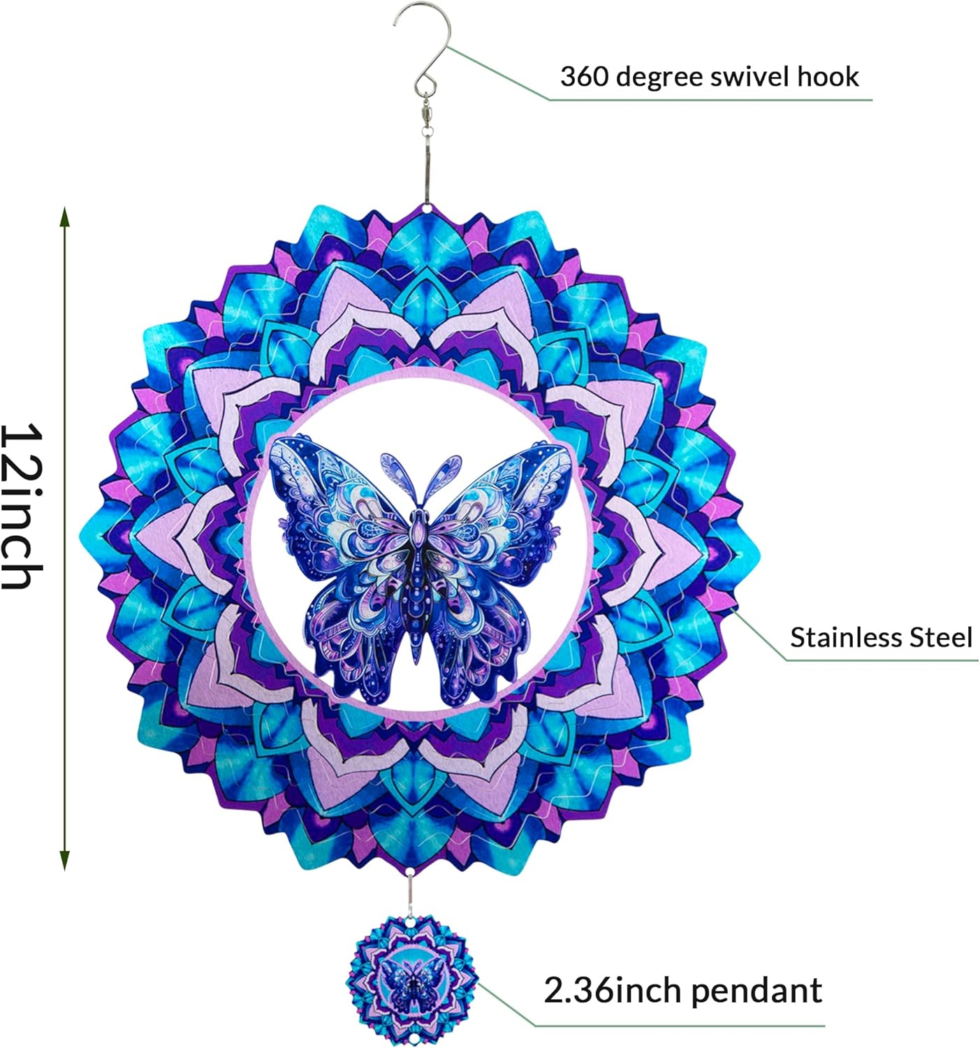 Butterfly Wind Spinner,Hanging Wind Spinners Outdoor for Garden Decoration，12 inch 3D Stainless Steel Wind Sculpture for Indoor/Outdoor Decor