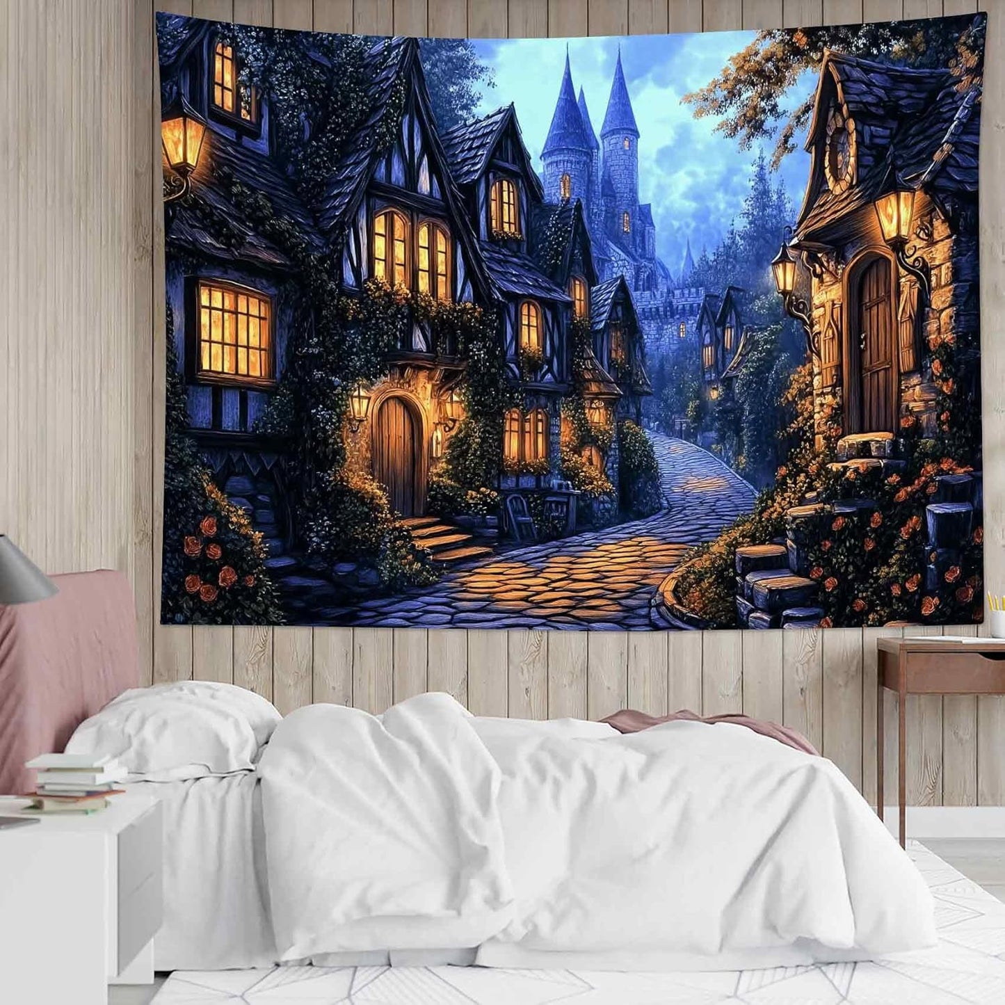 LB Vintage Castle Tapestry, Night Street Old House and Green Tree Wall Tapestry for Bedroom Aesthetic, Village Gothic Wall Art for Living Room Dorm Home Decor Ready to Hanging, 48 x 36 Inches