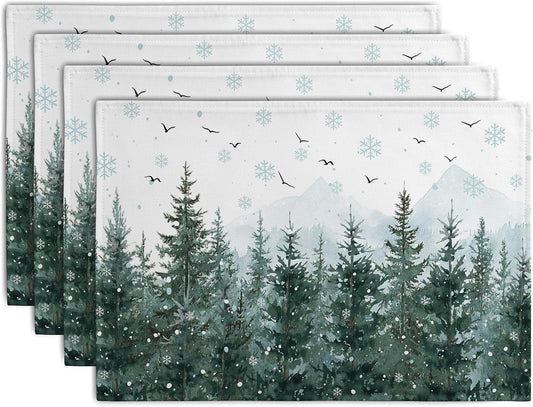 Winter Pine Tree Snowflake Placemats Set of 4 Christmas Snow Green Forest Place Mat 12x18 Inch Seasonal Xmas Holiday Rustic Nature Washable Fabric Table Mats for Farmhouse Kitchen Dining Decoration
