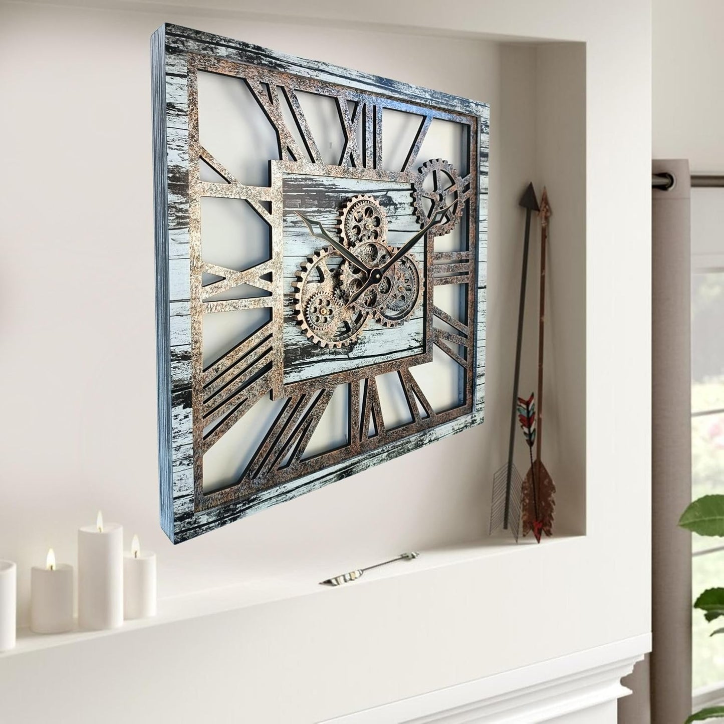 The Gears Clock 24'' Inch Square Real Moving Gear Wall Clock Vintage Industrial Oversized Rustic Farmhouse (Grey and White)