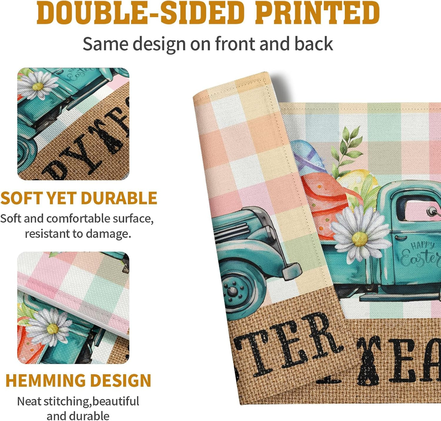 Happy Easter Placemats Set of 4 Pink Yellow Blue Buffalo Plaid Truck Eggs Daisy Easter Table Mats Spring Seasonal Linen Place Mat Washable Place Mats for Party Kitchen Dining Outdoor Indoor Decor