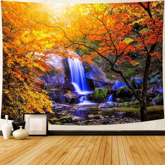 Delur Waterfall Tapestry Forest Nature Scenic Tree Mountain Sunset Tapestry Wall Hanging Natural Landscape Sunrise Headboard for Bedroom Living Room Home Decor (70.8" x 92.5")