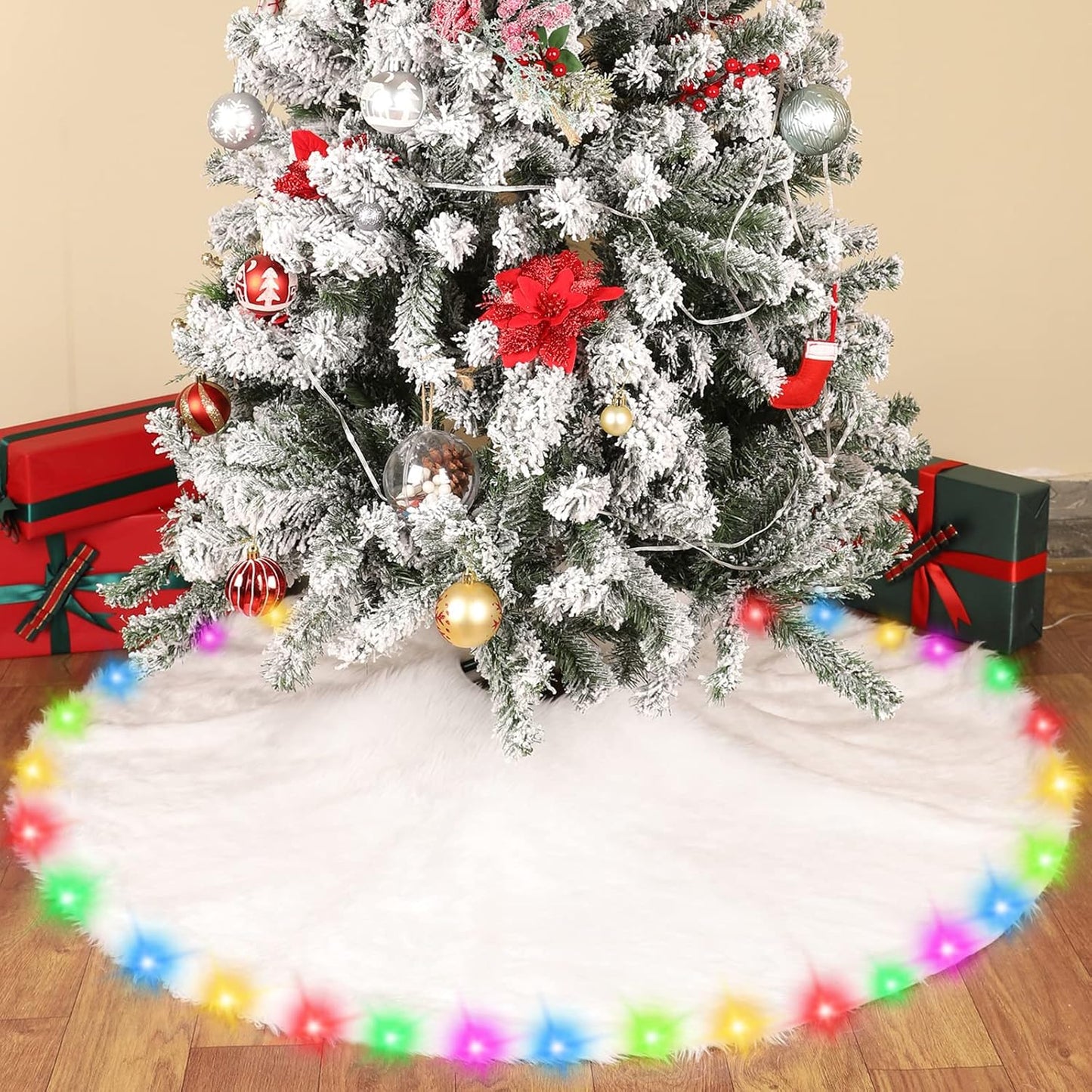 48 Inch Faux Fur Christmas Tree Skirt with Lights Soft Snow White Plush Tree Mat Christmas Decorations Fluffy Tree Skirts Xmas Holiday Party Indoor Decorations