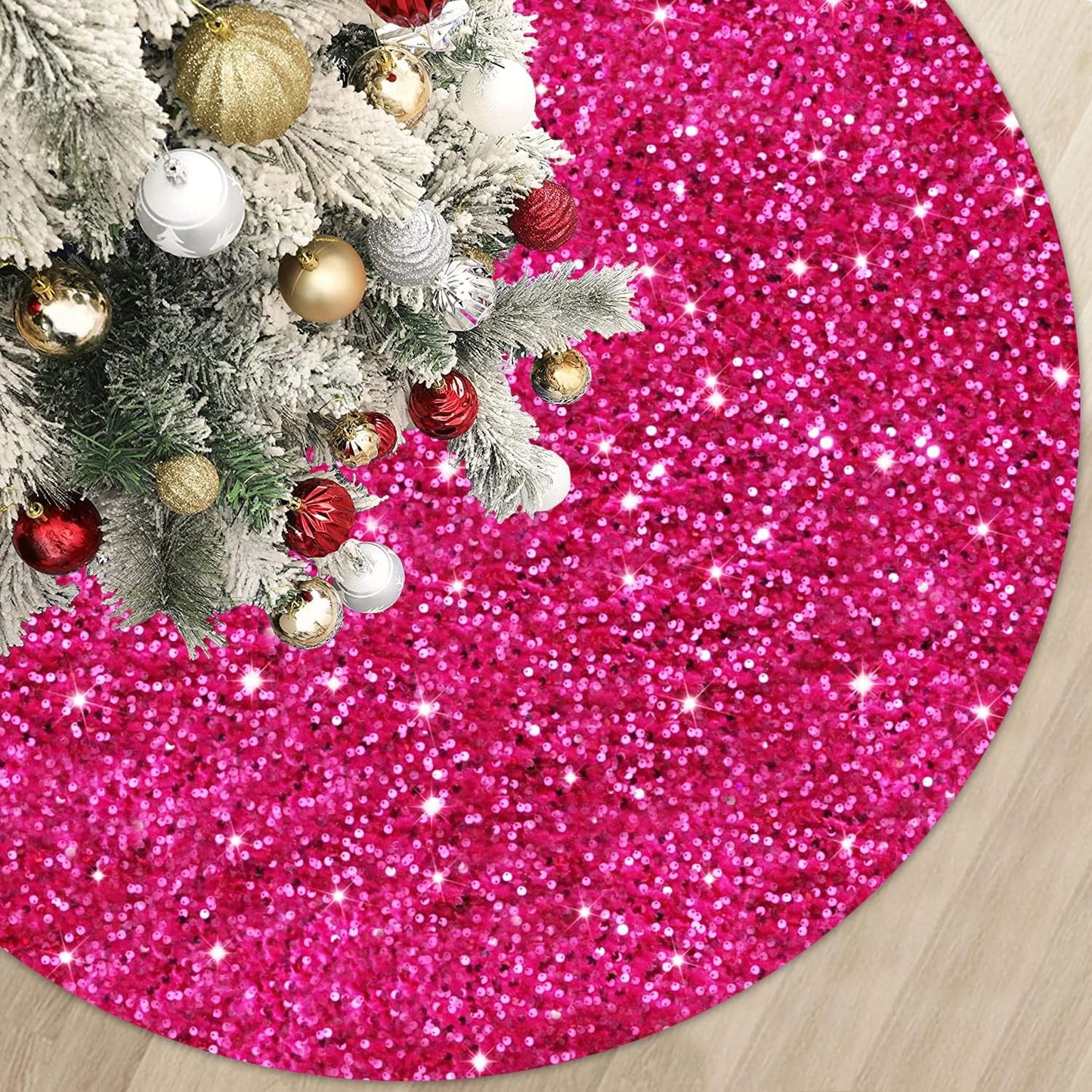 MODFUNS Glitter Tree Skirt 36 Inch Velvet Xmas Tree Skirts Hot Pink Sequin Christmas Tree Skirt Thick Sparkly Tree Skirting Cover for Xmas Tree Skirts Merry Christmas Home Glittering Tree Mat