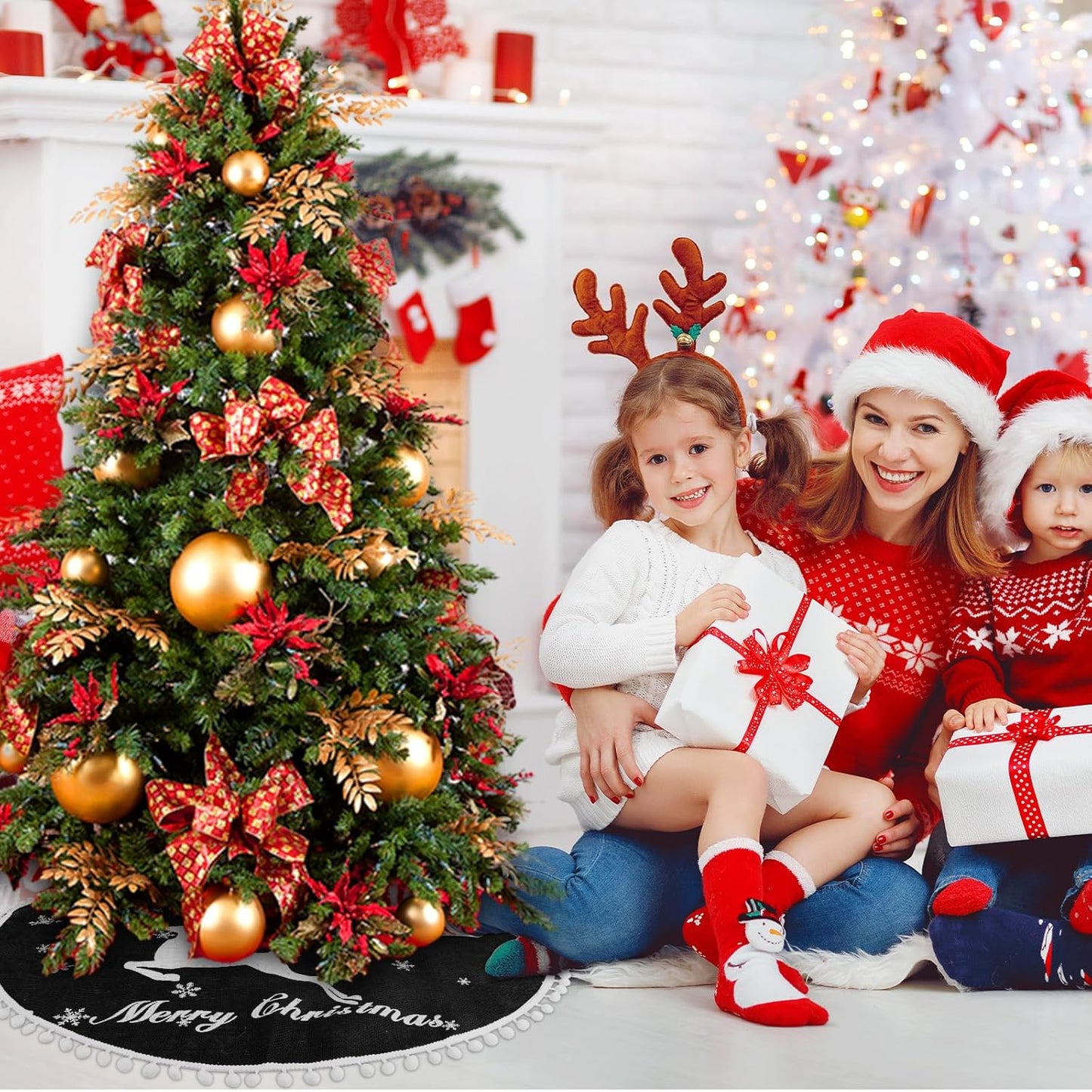 48 Inch Christmas Tree Skirt, Burlap Black Christmas Rustic Tree Skirt with Elk Deer and White Snowflake Printed for Holiday Party Xmas Tree Decoration