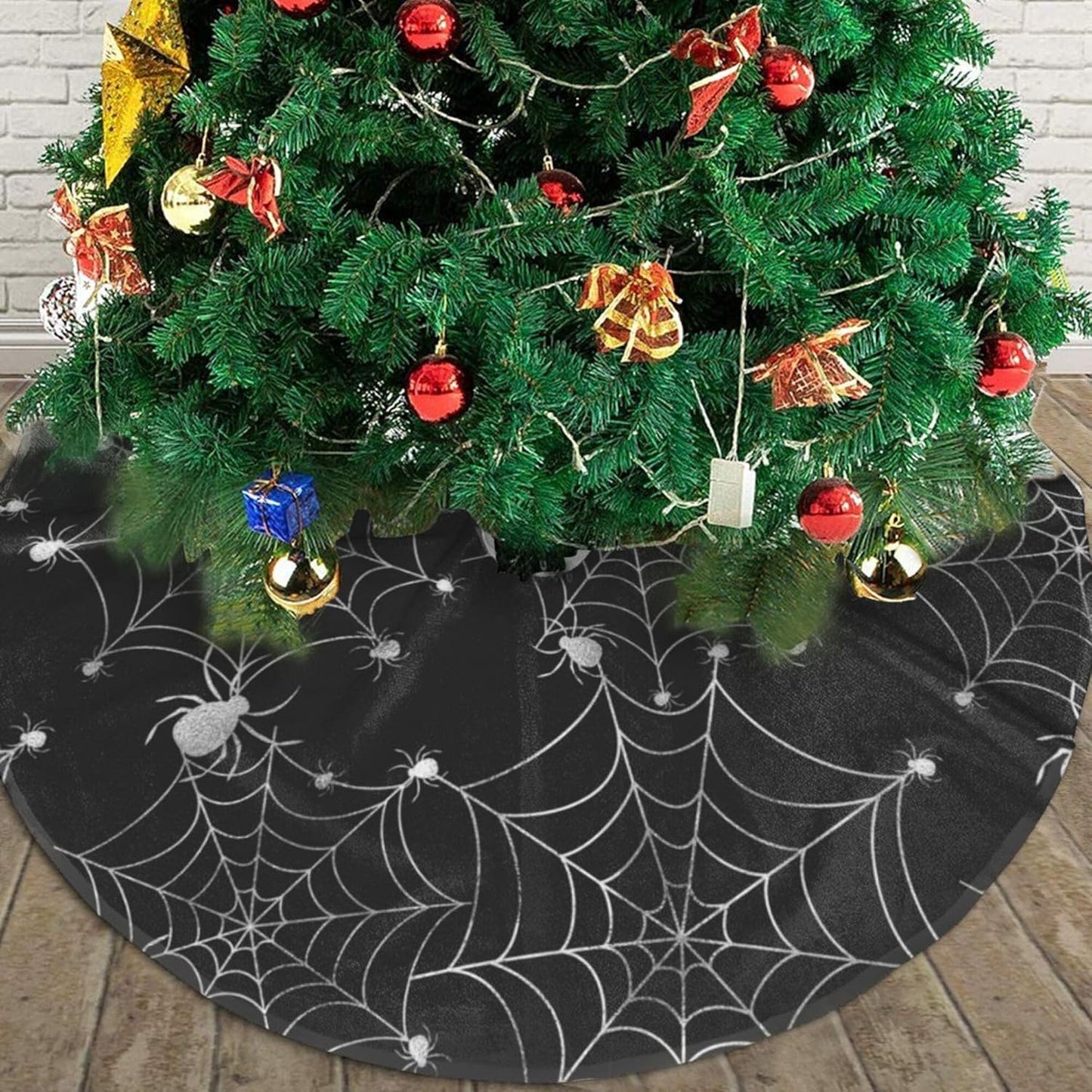 Christmas Tree Skirt,Sliver Spider Web Xmas Tree Skirt Rustic Farmhouse Tree Skirt for Christmas Decor Xmas Holiday Home Party Decorations30