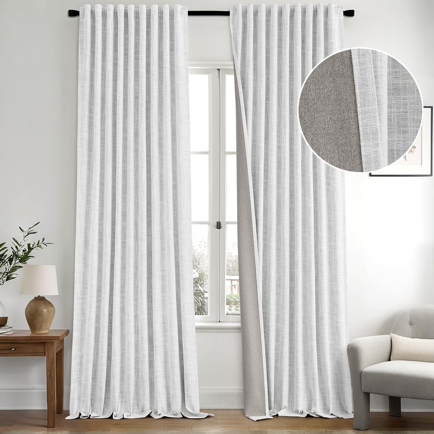 MIULEE Greyish White 100% Blackout Linen Curtains 84 Inch 2 Panels Set Double Sided No Coating Pleated Back Tab Black out Long Thermal Insulated Pinch Pleat Bedroom Living Room Darkening Window Drapes