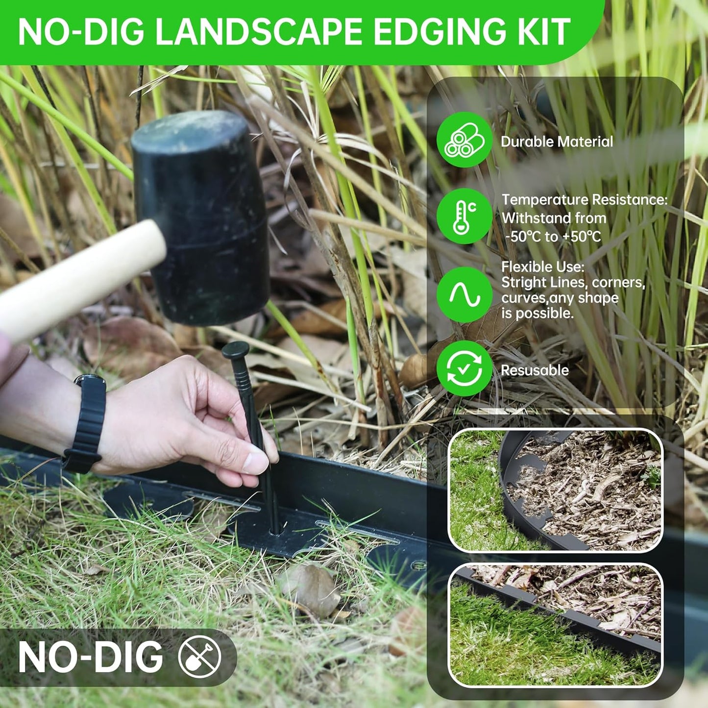 2" Tall 66ft No Dig Landscape Edging Border with 100PCS 8" Plastic Spikes & 6 PCS Connectors - Garden Lawn Edging Kit with a Shears for Landscaping, Lawn, Flower Beds and Yard