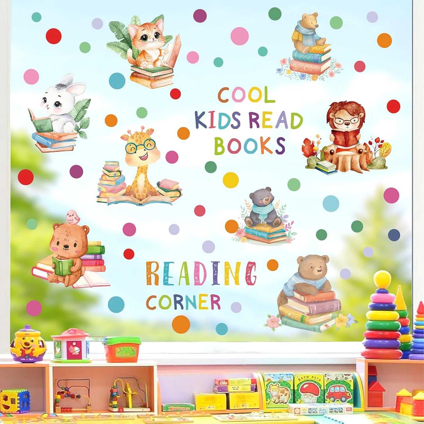 Reading Corner Decor,Reading Books Wall Decals,Learning Study Wall Stickers,Cartoon Animals Window Decals,Giraffe Bear Rabbit Read Books Stickers for Toddler Nursery Bedroom Classroom School