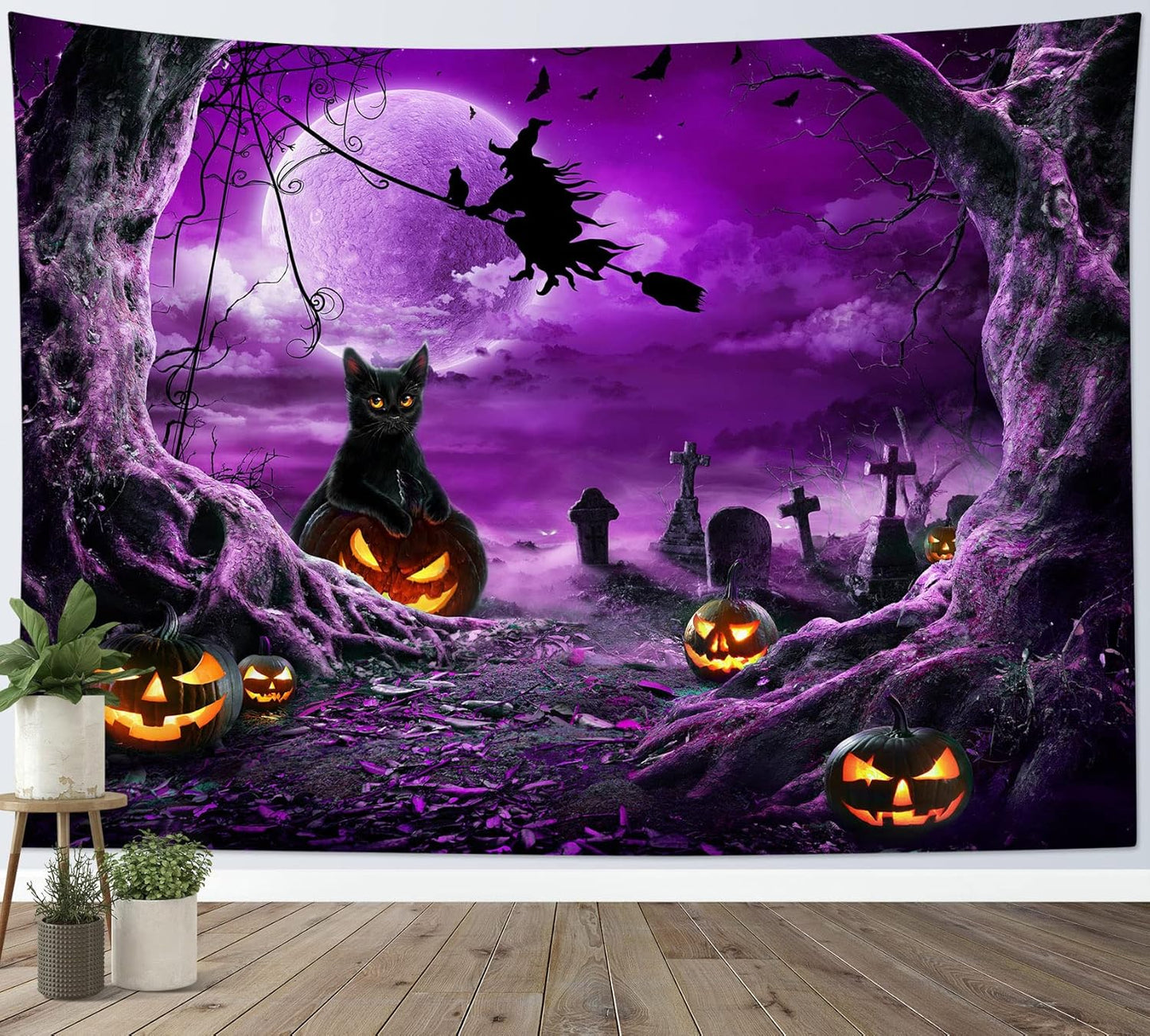 LB Halloween Wall Art - Horror Witch Cat and Dead Tree Pumpkin Lights with Spooky Graveyard Purple Full Moon over Misty Forest Wall Tapestry for Bedroom and Living Room - 80x60 Inches