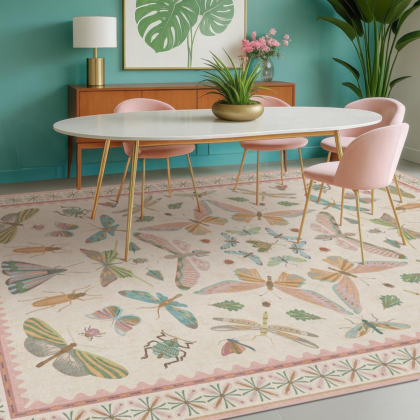 Floral Pink Rugs for Bedroom Girls 6x9 - Insect Print Cute Girly Rug for Living Room, Dining Room Under Kitchen Talbe, Washable Low Pile Vintage Bug Art Nouveau Home Decor