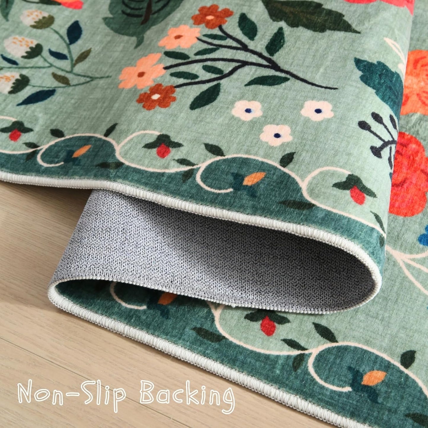 Living Room Rug 5x7 Rug Machine Washable Boho Area Rug Non Slip Floral Vintage Low Pile Large Rugs for Living Room, Bedroom, Farmhouse, Dining Room, Kids Playroom(Green)