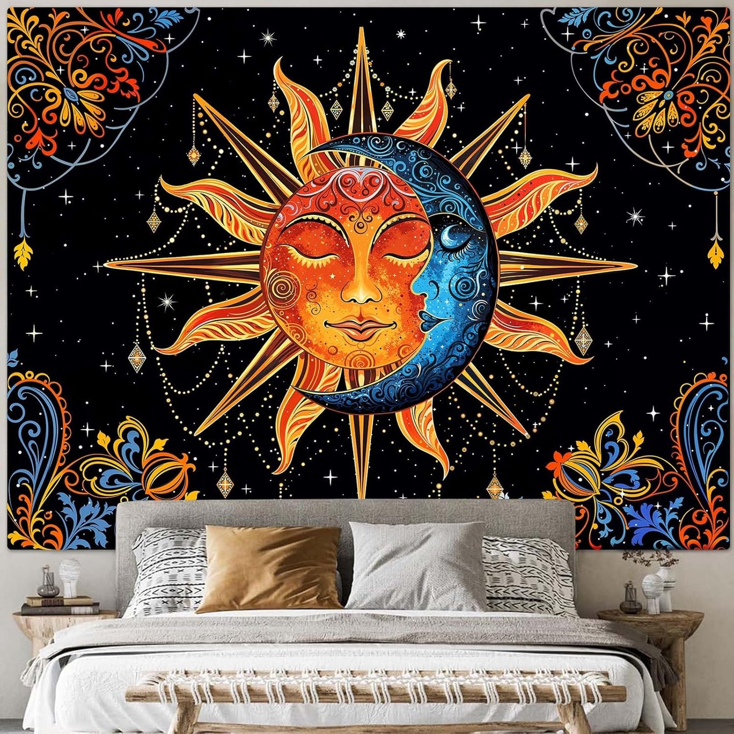 Lunerfex Sun and Moon Tapestry Mandala Wall Tapestry, Cute Tapestries for Bedroom Ceiling Tapestries Wall Hanging for Bedroom Living Room Decor Sun-1 44"x60"