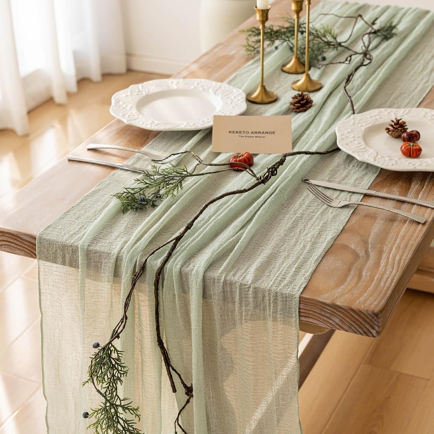 Keketo Sage Green Table Runner Cheesecloth 120 Inch 10 FT Rustic Boho Cheese Cloth Table Runner for Wedding Baby Shower Bridal Shower Sheer Gauze Centerpiece Home Decorations