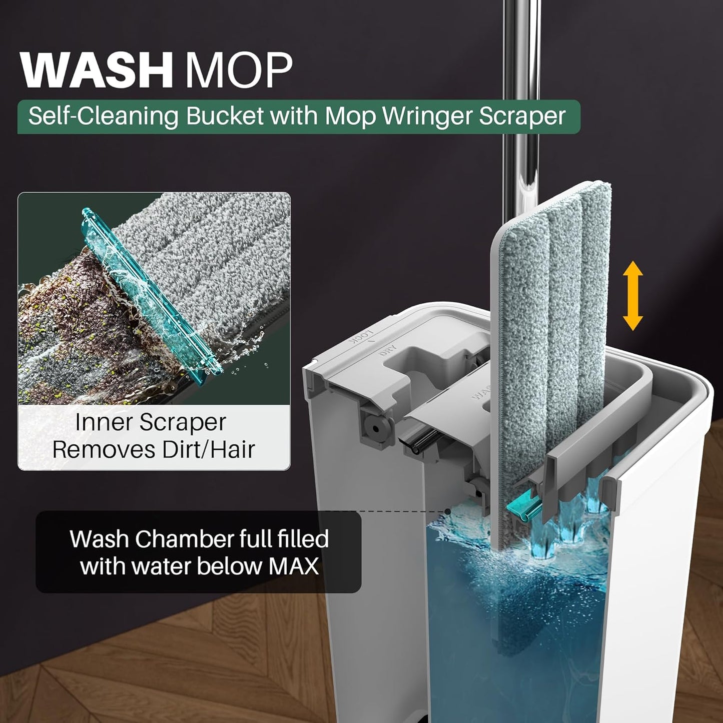 JOYMOOP Mop and Bucket with Wringer Set, White Flat Squeeze Mop Bucket Set for Floor Cleaning, Wet Dry Mops for Walls, Wall Cleaner with Long Handle, Hardwood Floor Mop-5 Microfiber Cloths