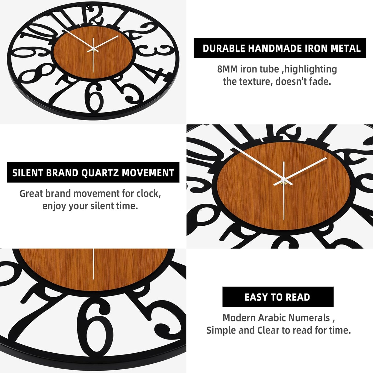 LEIKE 32" Oversized Large Wall Clocks,Silent,Non Ticking,Battery Operated Modern Round Big Wood Decorative Metal Wall Clock for Living Room, Bedroom,Kitchen,Farmhouse,Office Decor - Black,32 Inch