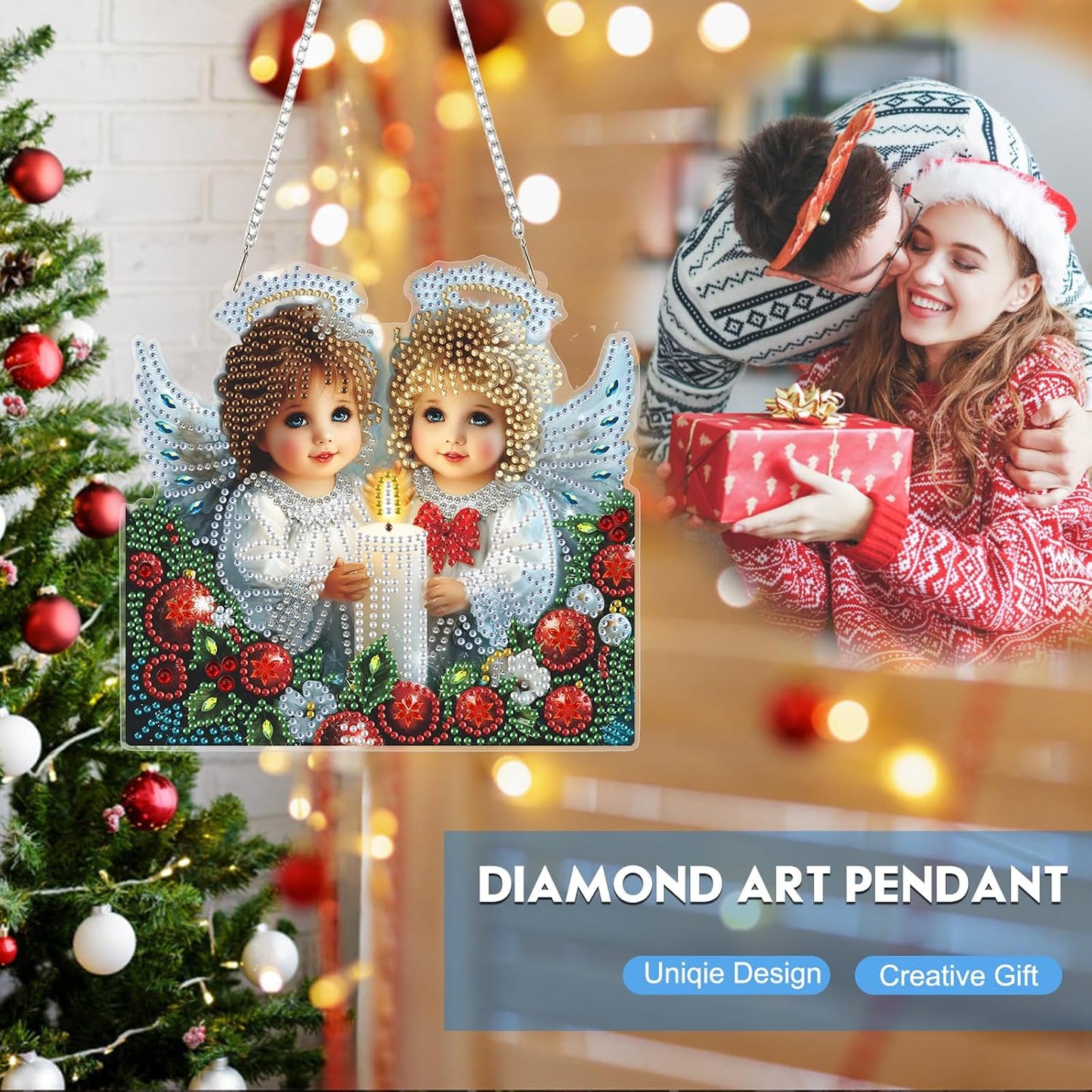 NEWENMO Hanging Diamond Art Kit for Adult, Angels in Heaven, 5D Special Shaped Rhinestone Diamond Painting Ornament, Christmas, DIY Acrylic Diamond Art Painting Window Pendants Home Garden Wall Decor