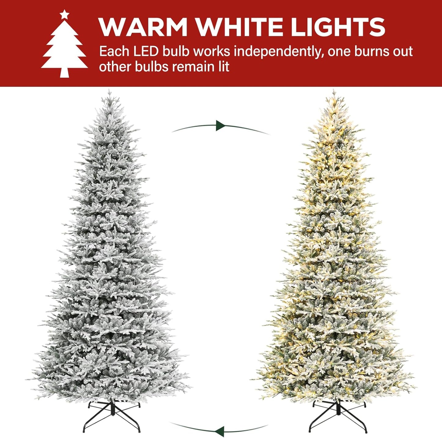 Hykolity 12 ft Prelit Snow Flocked Artificial Christmas Tree, 8109 PE&PVC Branch Tips, 850 Warm White LED Lights, Easy Assembly with Metal Stand and Hinged Branches