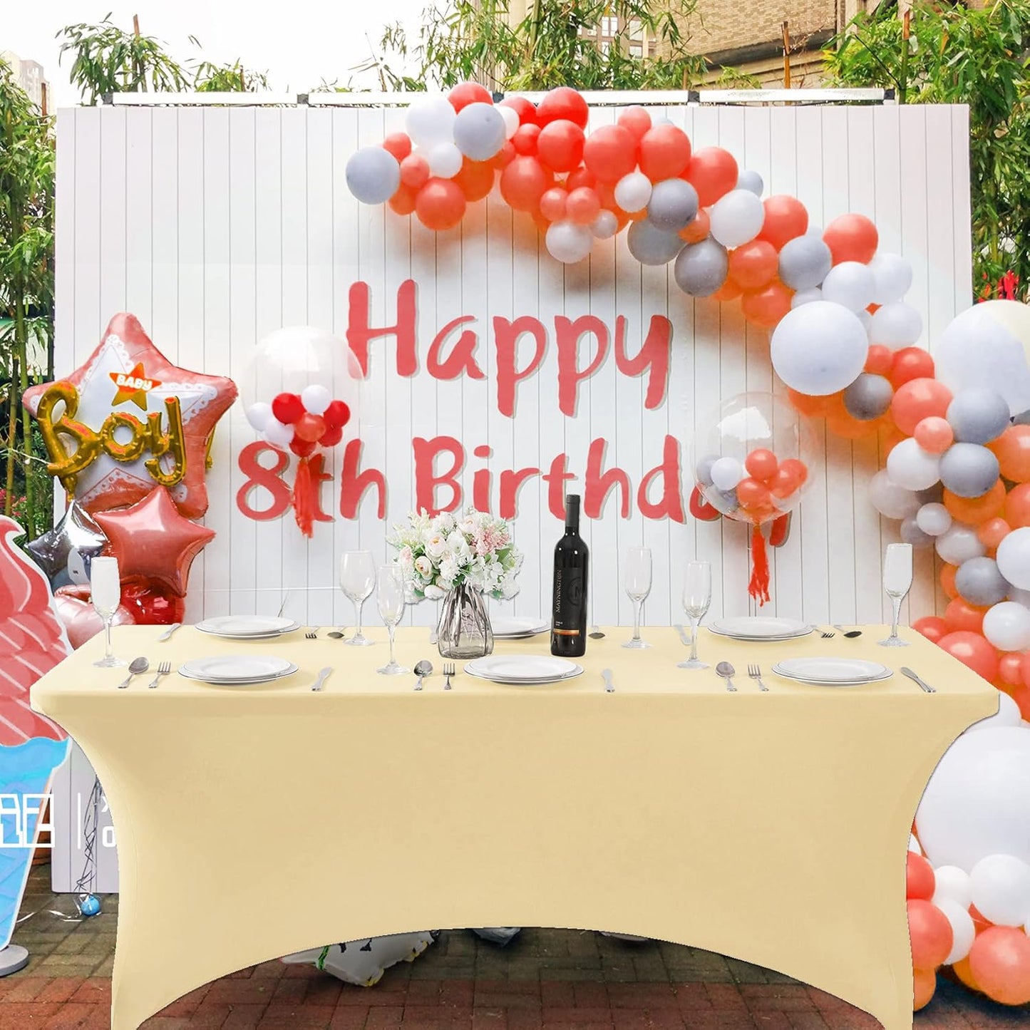 SuperO 2Pack Waterproof Spandex Table Cover for 8FT Table Universal Fitted Stretch Tablecloth for Party, Banquet, Wedding and Events-Champagne