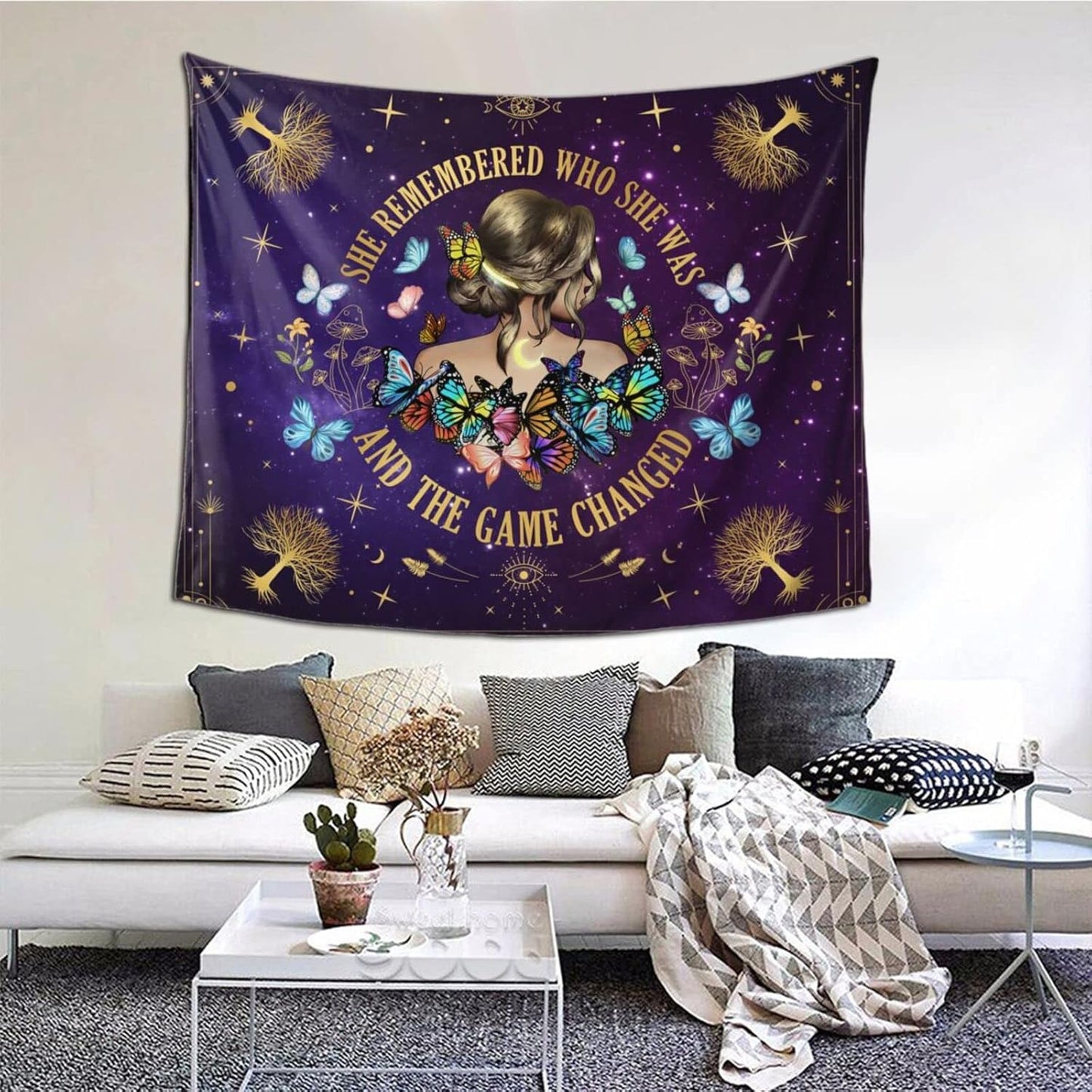 Inspirational Quote Tapestry She Remembered Who She Was And The Game Changed Positive Quotes Wall Decor,Uplifting Encouragement Gifts Inspirational Gift for Women Girls Tapestry for Bedroom 60"x50"