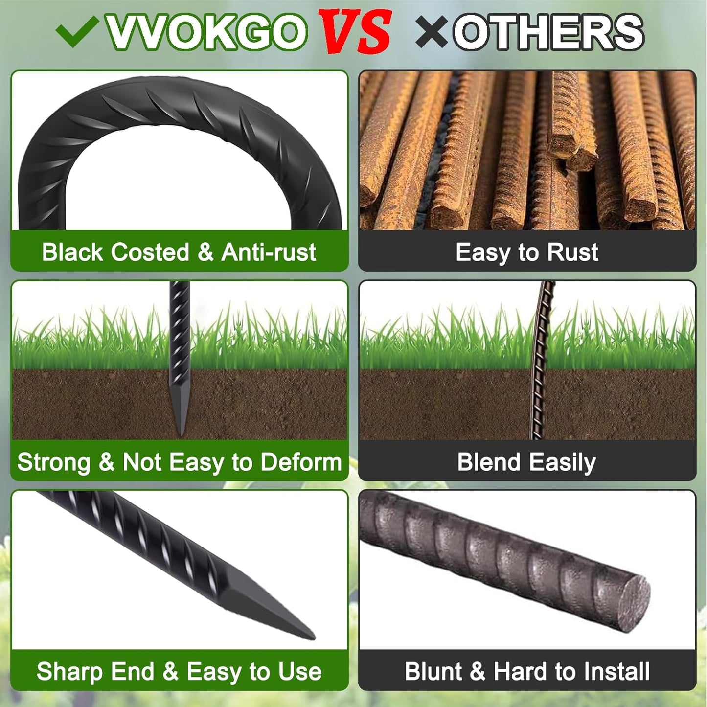 VVOKGO Rebar Stakes 18 Inch J Hook Heavy Duty Ground Anchors (16-Pack), 3/8" Diameter Metal Steel Extra Long Fence Stakes with Chisel Point End for Greenhouse, Gazebo, Carport, Camping Tents, Black