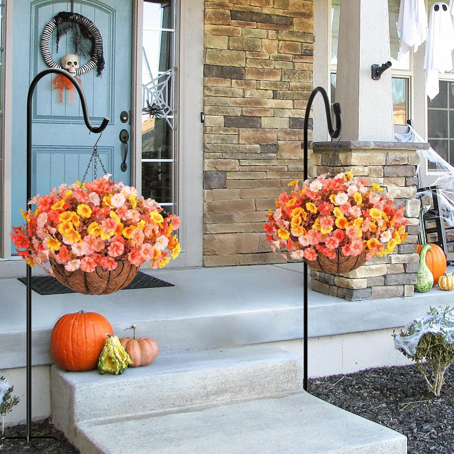 Artificial Fall Flowers Fake Hanging Plants Flowers Basket for Outdoors Autumn Decoration, Silk Morning Glory with Eucalyptus Look Real UV Resistant Faux Flowers for Outside Porch Patio Balcony, Mix