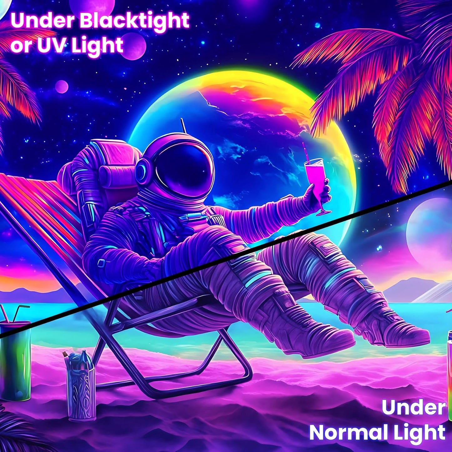 BVBOX Astronaut Space Blacklight Tapestry 79"x59", UV Reactive Astronaut Beach Lounge Chair Vacation Universe Planet Glow in Dark Tapestries, Black Light Neon Upright Poster Wall Hanging Backdrop Decor for Bedroom Living Room