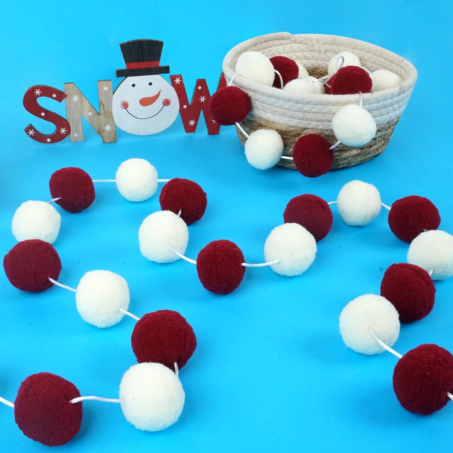 XmasExp Pom Pom Garland Decorations - Large Red Felt Ball Garland for Mantle, Indoor Home Decor, Christmas Tree Ornaments, Kids Room and Party Hanging Decor,13 Ft. (Red, 1.57")