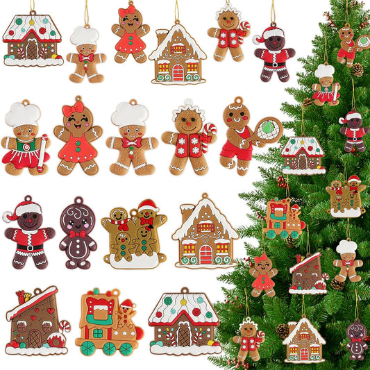 24pcs Gingerbread Man Ornaments for Christmas Tree, Assorted Gingerbread Figurines Decorations with Gingerbreads House Ornaments for Holiday Christmas Tree Home Decor