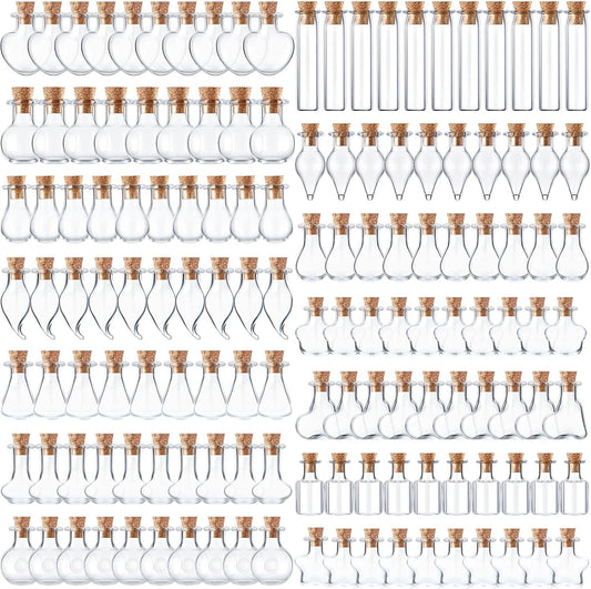 140 Pcs Mini Glass Bottles with Cork Stoppers Tiny Wishing Potion Bottles, 14 Shapes, Small Spell Apothecary Jar Vials Witchcraft Drifting Jar for Wedding Halloween Party Arts DIY Crafts