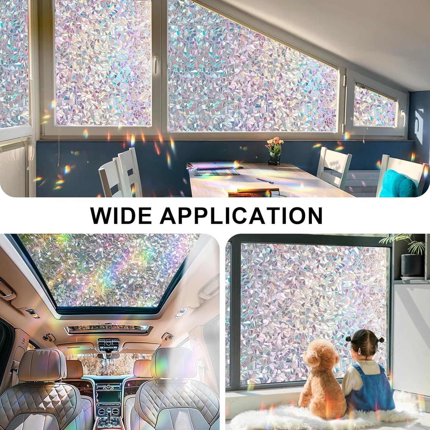 Rainbow Window Privacy Film 3D Decorative Stained Glass Window Film Anti UV Non-Adhesive Reusable 23.6" x 157.4" for Home Room Car Glass Cling