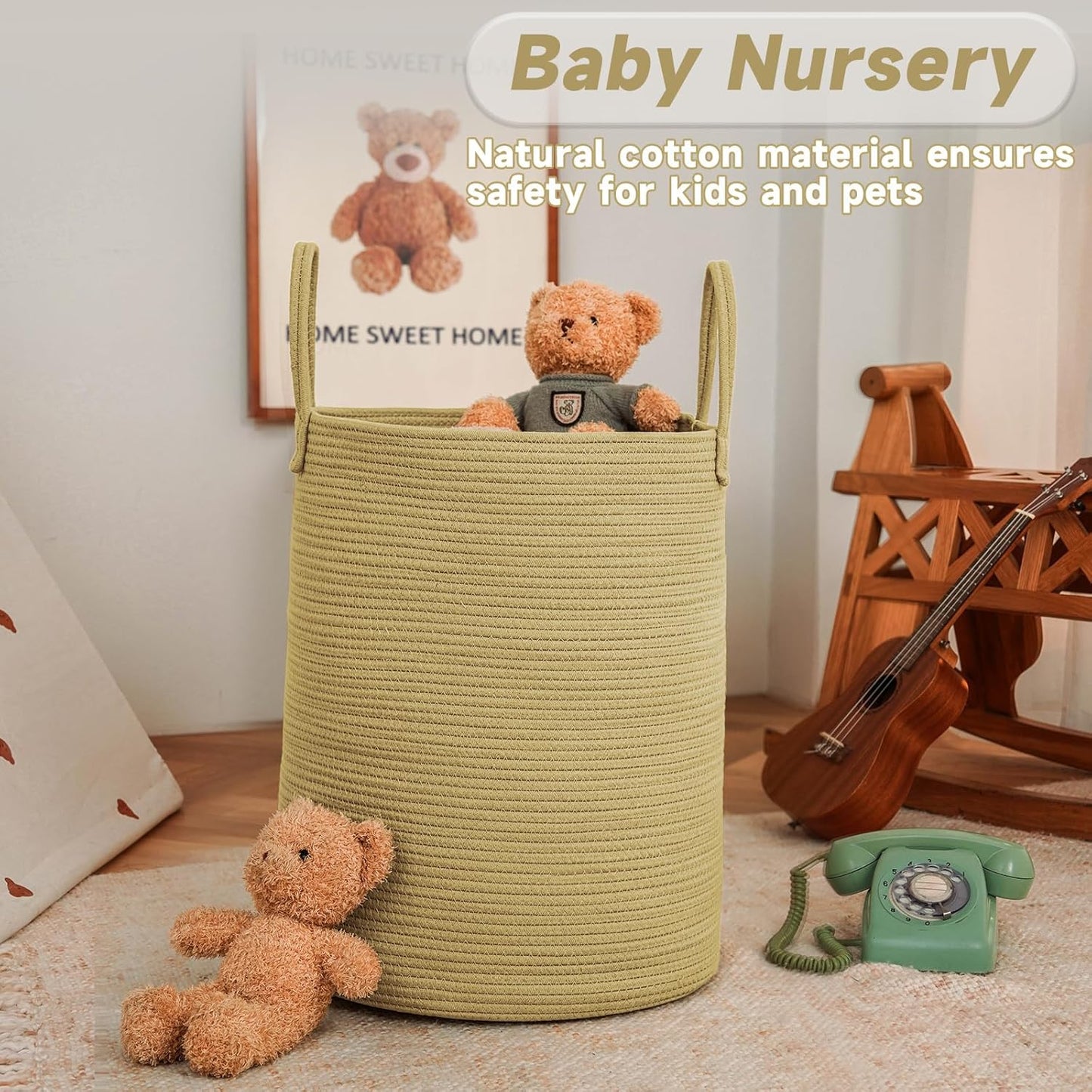 Large Woven Laundry Basket Hamper,60L Cotton Rope Storage Bin for Blankets,Toys and Clothes,Decorative Tall Nursery Hamper for Living Room,Baby Nursery,Bathroom and Bedroom,Jute