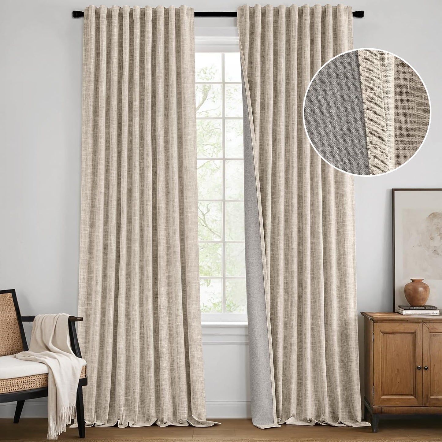 MIULEE Beige 100% Blackout Linen Curtains 120 Inch 2 Panels Set Double Sided No Coating Pinch Pleated Back Tab Black Out 10 FT Extra Long Thermal Insulated Bedroom Living Room Darkening Window Drapes
