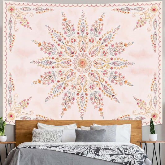 Fowocu Boho Floral Mandala Tapestry for Bedroom Aesthetic Pink Bohemian Flower Wall Tapestry Watercolor Hippie Indian Extra Large Tapestries Wall Hanging for Living Room Dorm Decor 90 x 68 Inch
