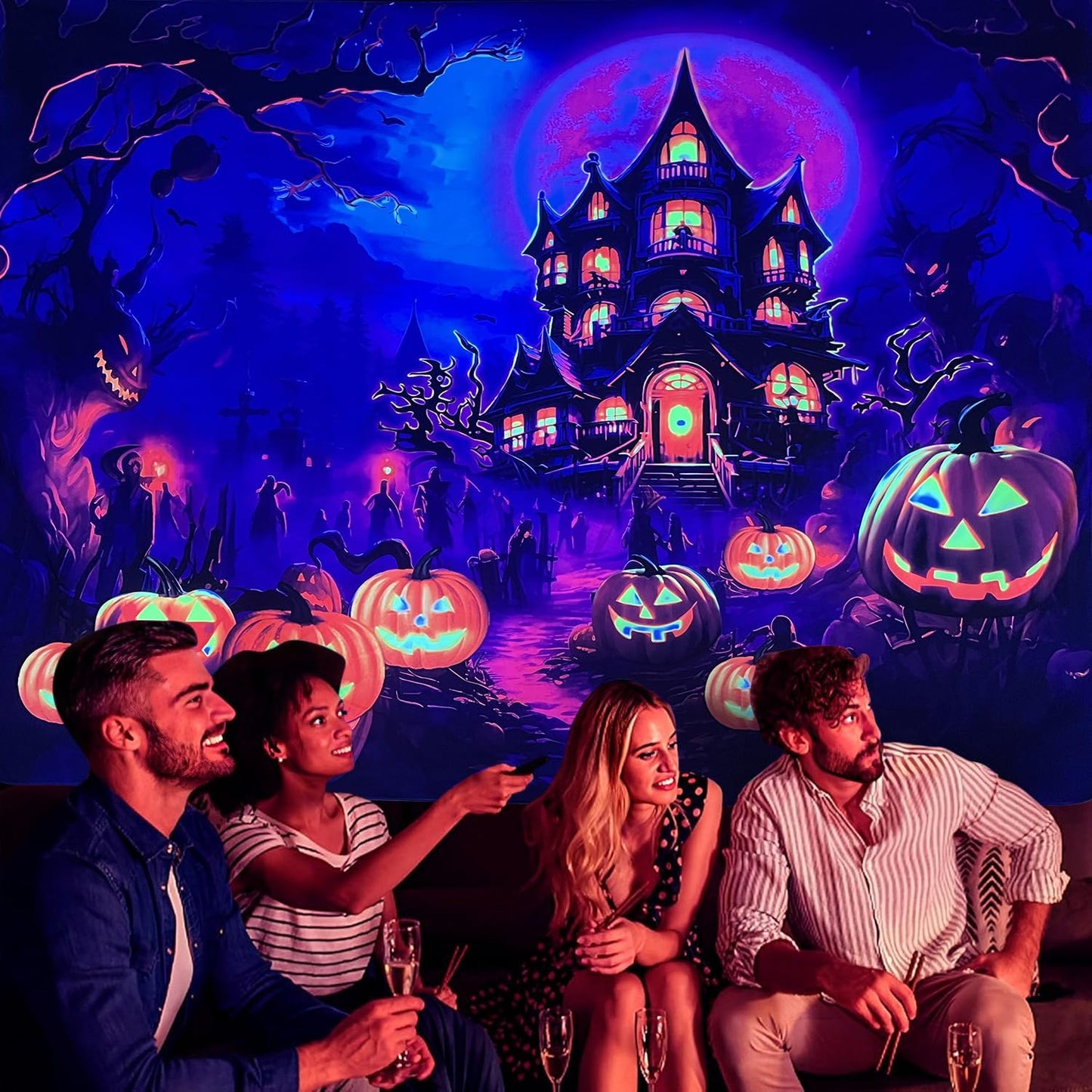 OSVINO Blacklight Halloween Castle Tapestry 59"x51" Pumpkins Ghosts Background Bedroom Aesthetic Hippie Room Decor Glow in The Dark Wall Poster for Halloween Easter