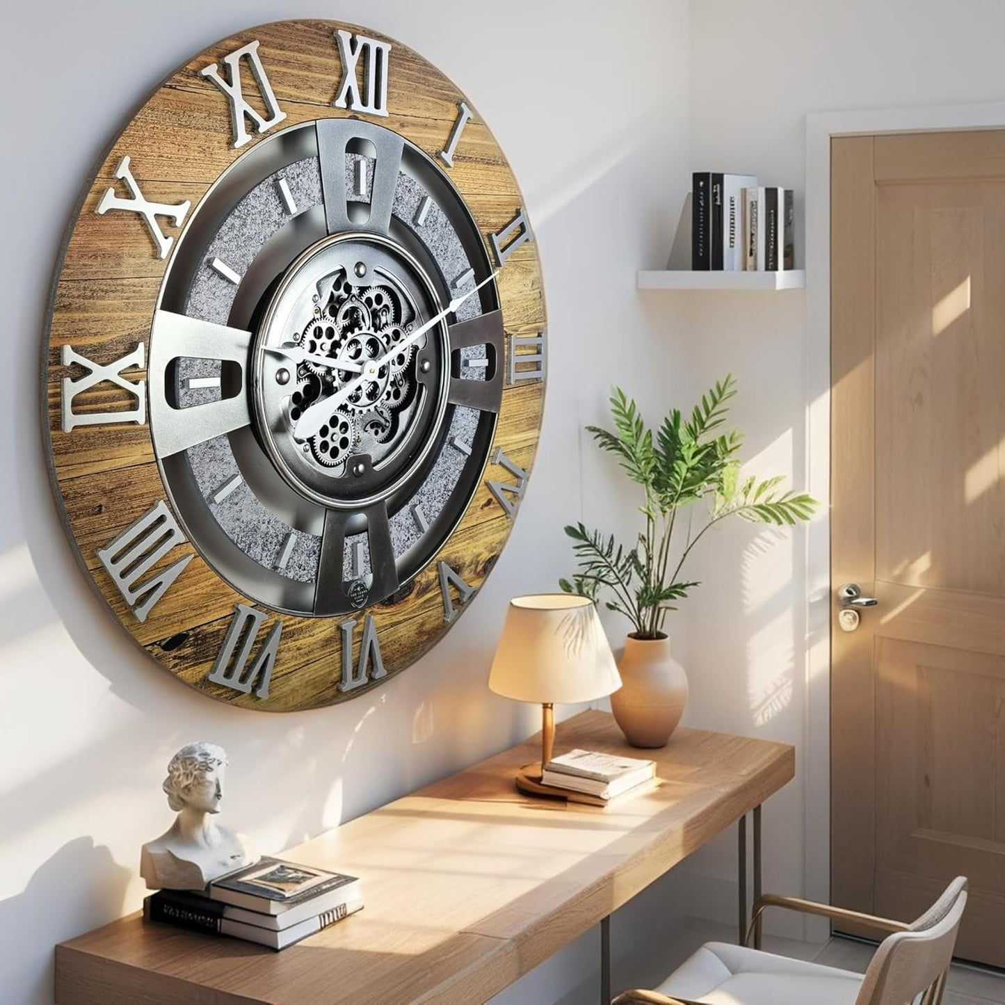 The Gears Clock Real Moving Gear Wall Clock England Line (Wood & Stone, 24 inches (60 cm))