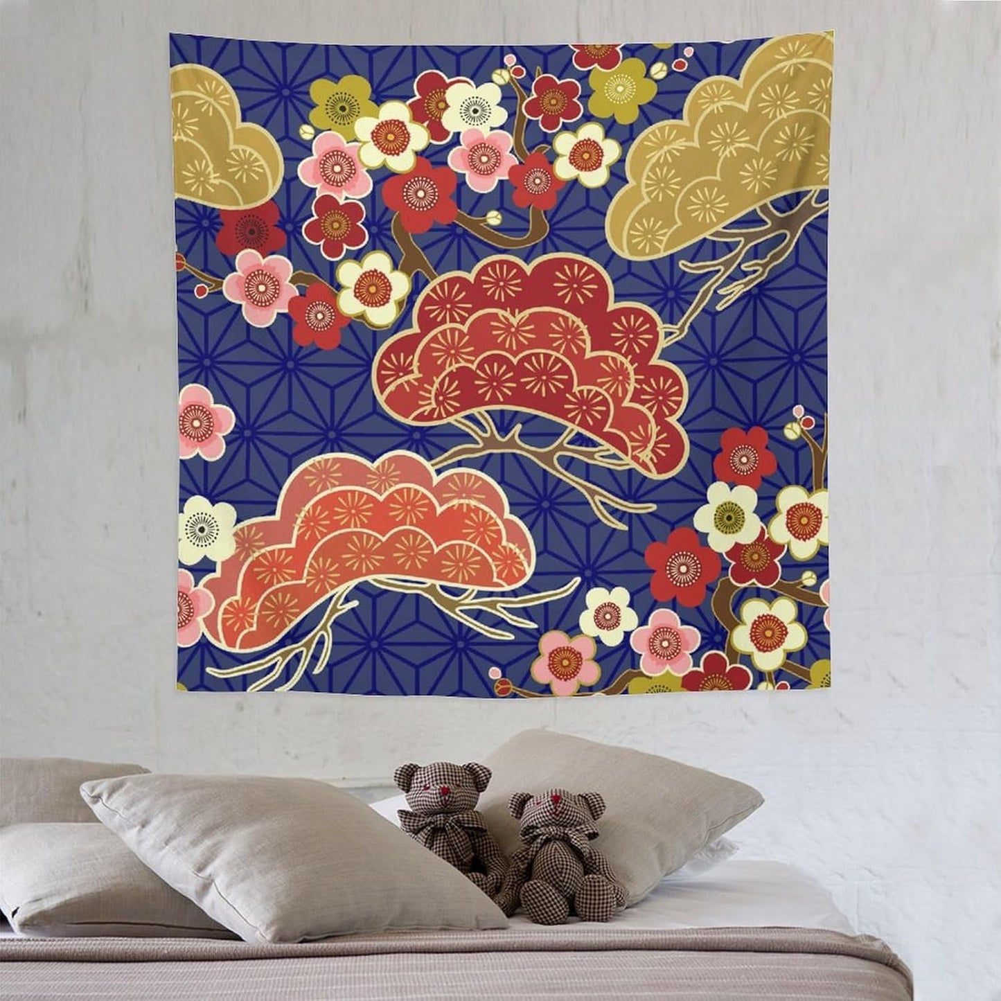 HZOHNAGO Japanese Tapestry Art Abstract Colorful Cherry Blossom Blue Background Pattern Printed Wall Tapestry Painting Wall Hanging for Bedroom Living Room Dorm 60" W x 60" H