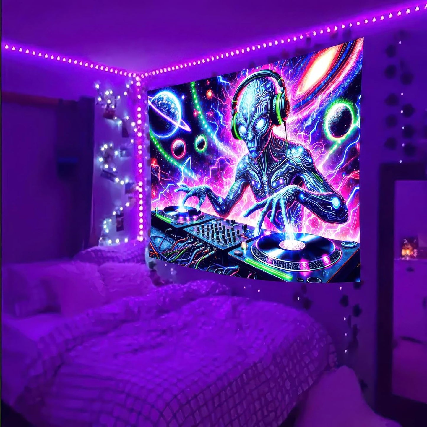 BlissYard Blacklight Cool Alien Tapestry UV Reactive Tapestry 78x59 Inch Black Light Galaxy Planet Tapestry Glowing Tapestry Large Neon Tapestry Wall Hanging for Home Living Room Bedroom Decor
