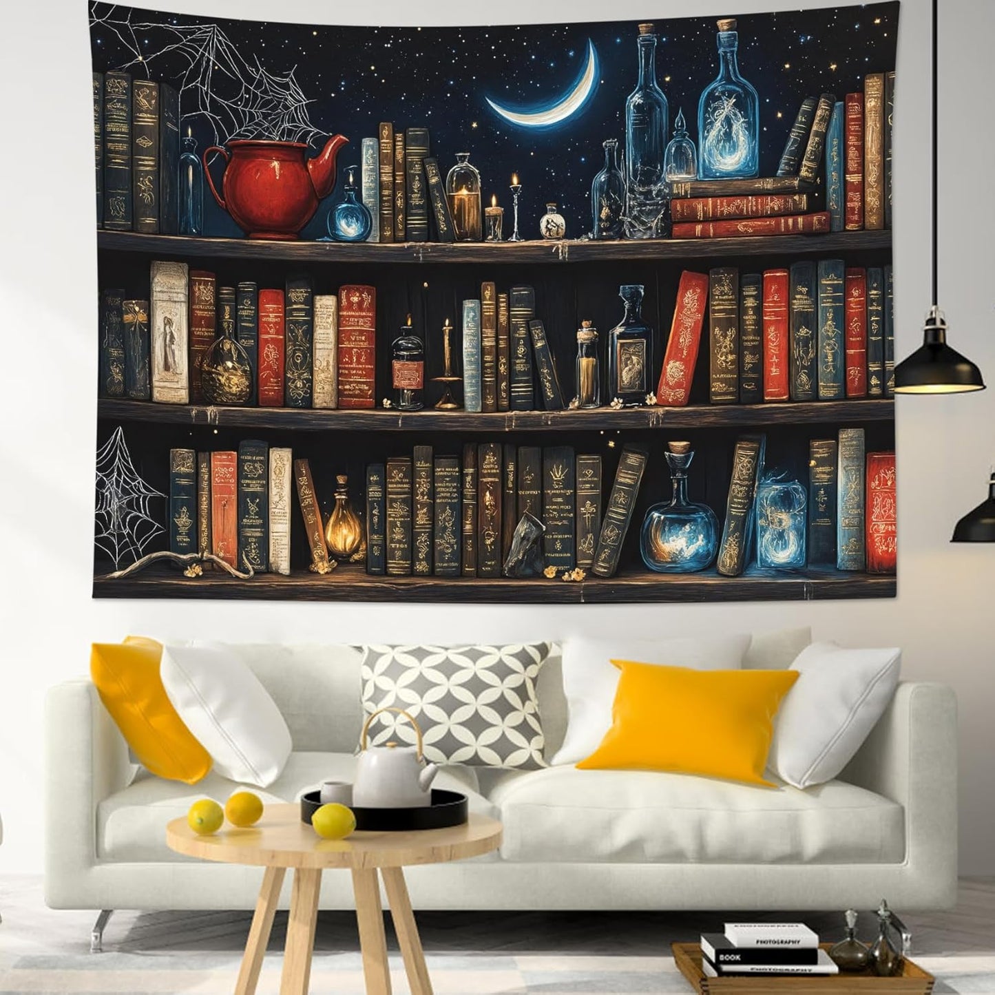 LB Fantasy Bookshelf Tapestry, Horror Spider and Vintage Book with Moon Wall Tapestry for Bedroom Aesthetic, Trippy Galaxy Wall Art for Living Room Dorm Home Decor Ready to Hanging, 80 x 60 Inches